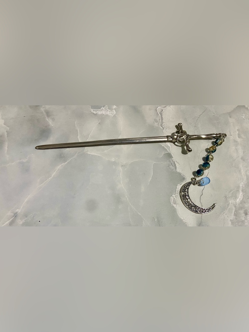 Hand Crafted Silver Hair Stick with Crescent Moon and Blue Bead Dangles